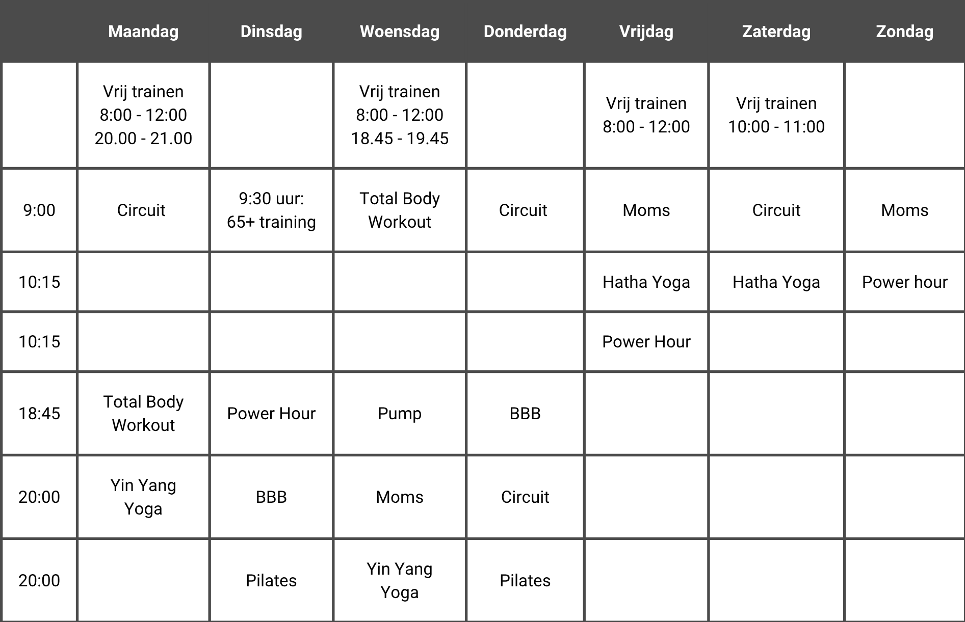 FemiSports groepslesrooster